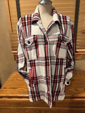 Lucky Brand Cream, Red & Black Plaid Button-Down Shirt Jacket (Shacket)